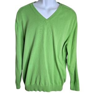 Jack Nicklaus Mens Sweater Large Green V Neck Ribbed Golden Bear 100% Cotton